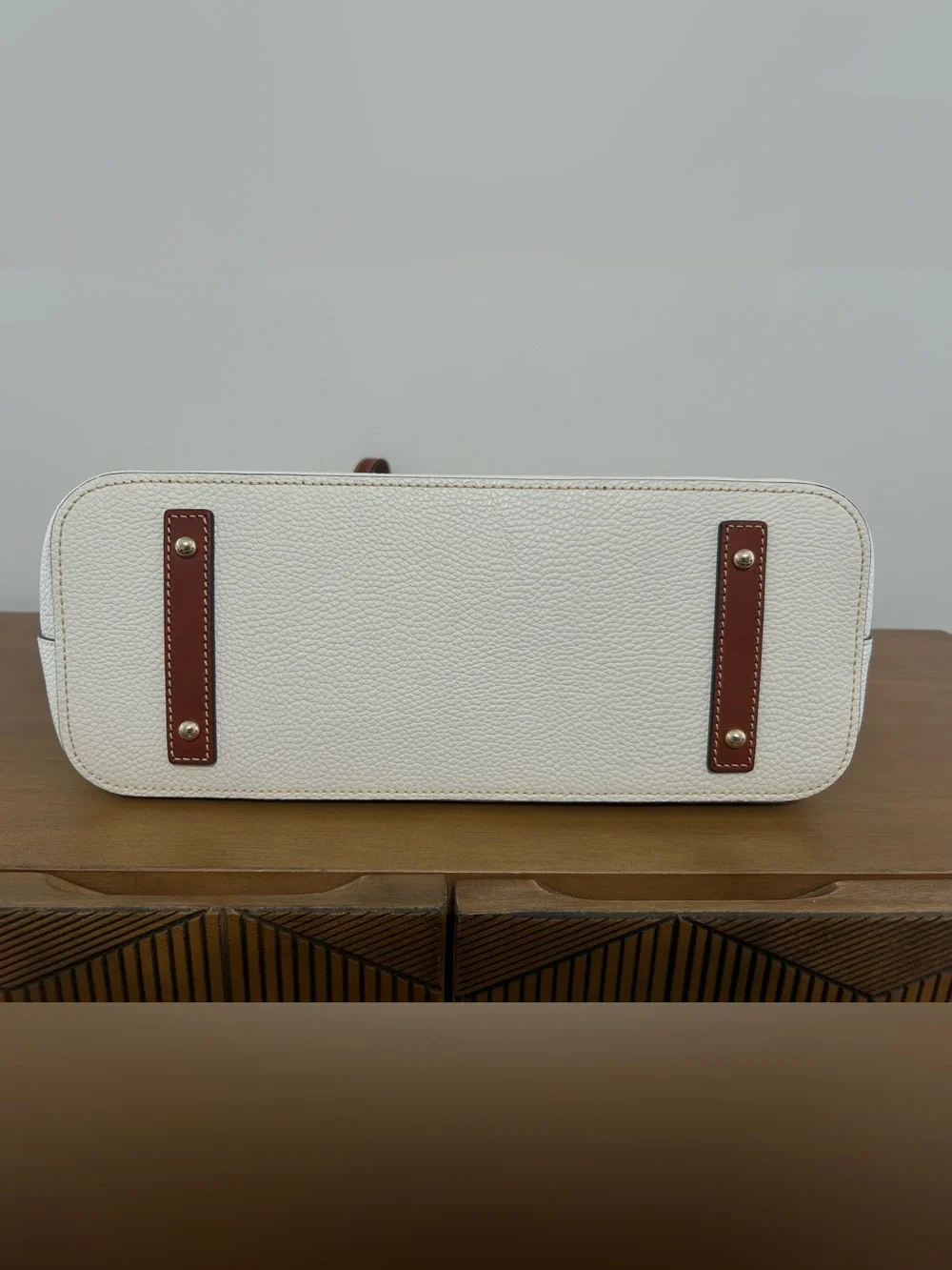 Dooney & Bourke White Pebbled Leather Tote with Brown Trim and Handles